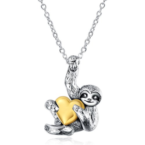 Sterling Silver Two-tone Sloth & Yellow Gold Heart Pendant Necklace