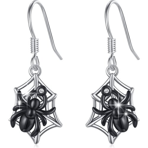 Sterling Silver Two-tone Cubic Zirconia Spider Drop Earrings