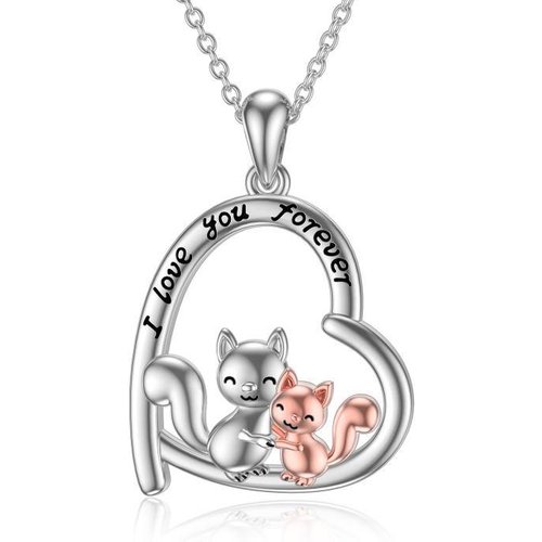 Sterling Silver Two-tone Squirrel & Heart Pendant Necklace with Engraved Word