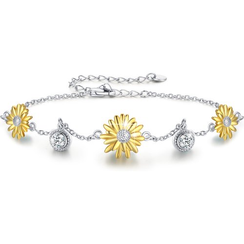 Sterling Silver Two-tone Sunflower & 5A Grade Austria Zircon Charm Bracelet
