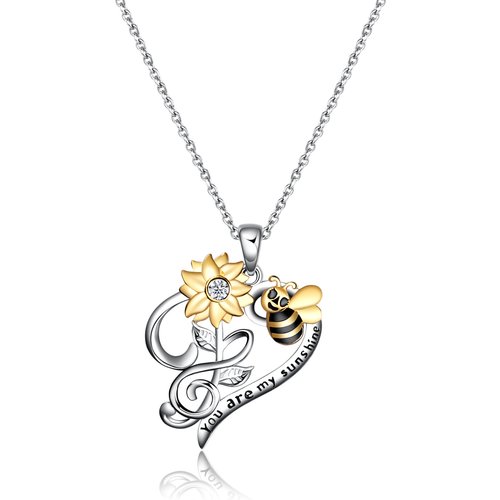 Sterling Silver Two-tone Sunflower Bee & Heart Pendant Necklace with Engraved Word