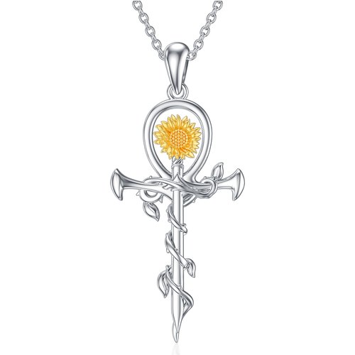 Sterling Silver Two-tone Sunflower & Cross Sword Pendant Necklace