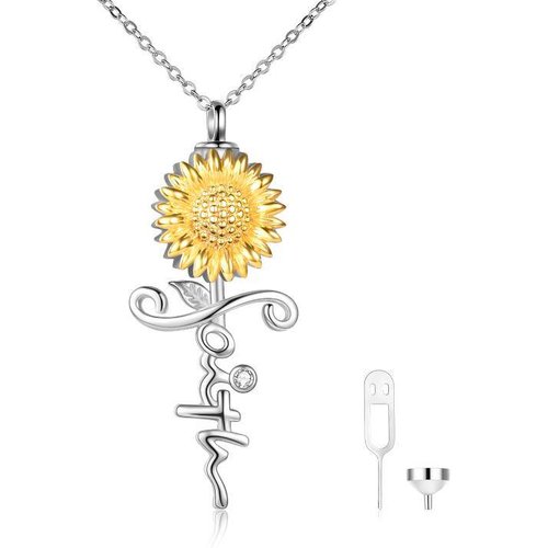 Sterling Silver Two-tone Cubic Zirconia Sunflower & Cross Urn Necklace for Ashes