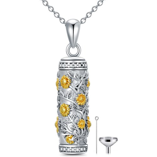 Sterling Silver Two-tone Sunflower Cylindrical Urn Necklace for Ashes