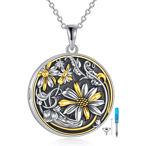 Sterling Silver Two-tone Sunflower Daisy Urn Necklace for Ashes