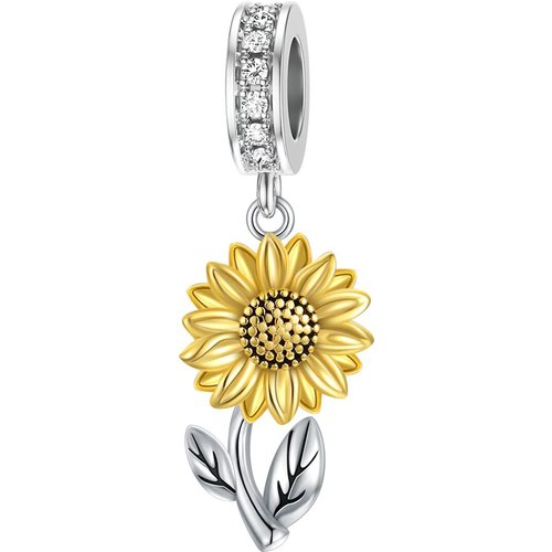 Sterling Silver Two-tone Cubic Zirconia Sunflower Dangle Charm