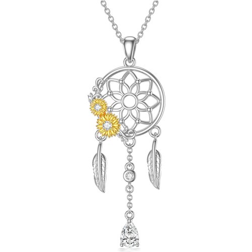 Sterling Silver Two-tone Cubic Zirconia Sunflower & Dream Catcher Pendant Necklace