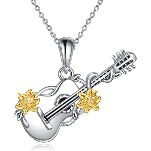 Sterling Silver Two-tone Sunflower & Guitar Pendant Necklace