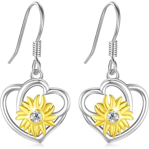 Sterling Silver Two-tone Cubic Zirconia Sunflower Heart Drop Earrings