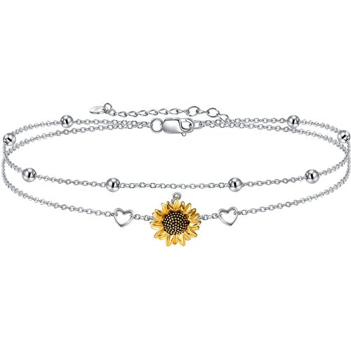Sterling Silver Two-tone Sunflower & Heart Layerered Bracelet