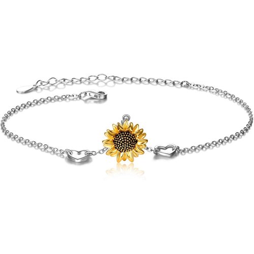 Sterling Silver Two-tone Sunflower & Heart Charm Bracelet