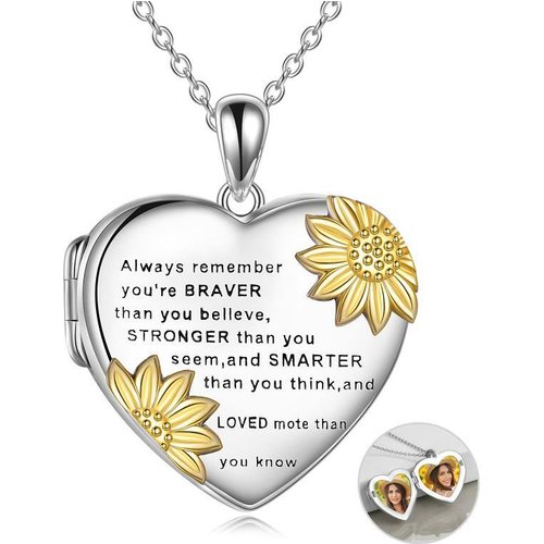 Sterling Silver Two-tone Sunflower Heart Personalized Photo Locket Necklace with Engraved Word