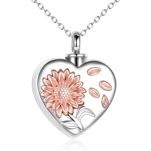 Sterling Silver Two-tone Cubic Zirconia Sunflower & Heart Urn Necklace for Ashes