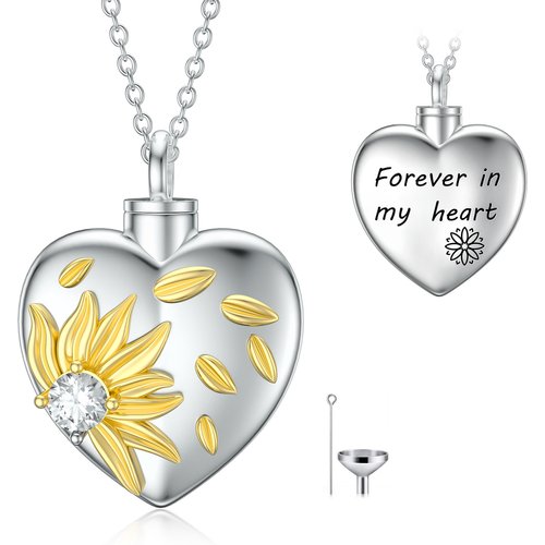 Sterling Silver Two-tone Cubic Zirconia Sunflower & Heart Urn Necklace for Ashes with Engraved Word