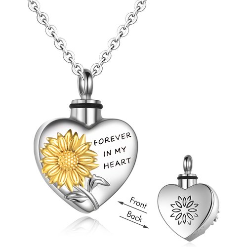 Sterling Silver Two-tone Sunflower & Heart Urn Necklace for Ashes with Engraved Word