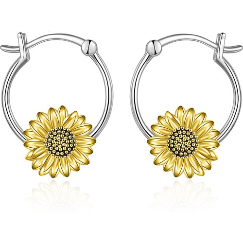 Sterling Silver Two-tone Sunflower Hoop Earrings