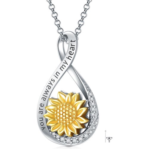Sterling Silver Two-tone Cubic Zirconia Sunflower & Infinity Symbol Urn Necklace for Ashes with Engraved Word