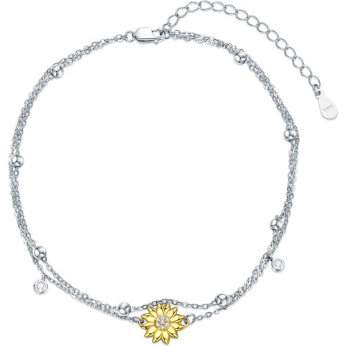 Sterling Silver Two-tone Cubic Zirconia Sunflower Multi-layered Anklet