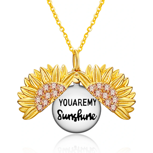 Sterling Silver Two-tone Sunflower Pendant Locket Necklace Engraved You Are My Sunshine