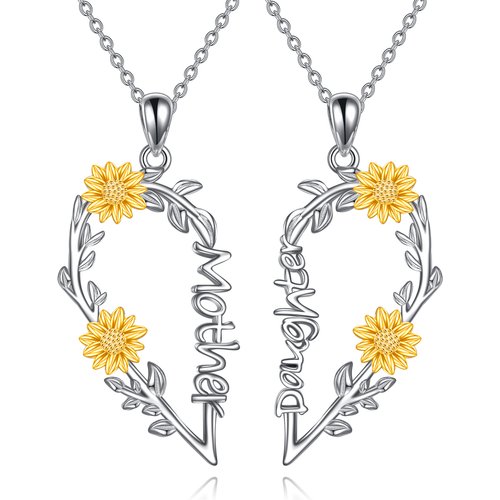Sterling Silver Two-tone Sunflower Pendant Necklace for Mother & Daughter