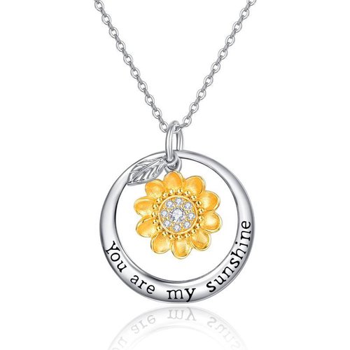 Sterling Silver Two-tone Cubic Zirconia Sunflower Pendant Necklace with Engraved Word