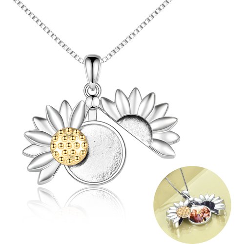 Sterling Silver Two-tone Sunflower Personalized Photo Locket Necklace with Box Chain