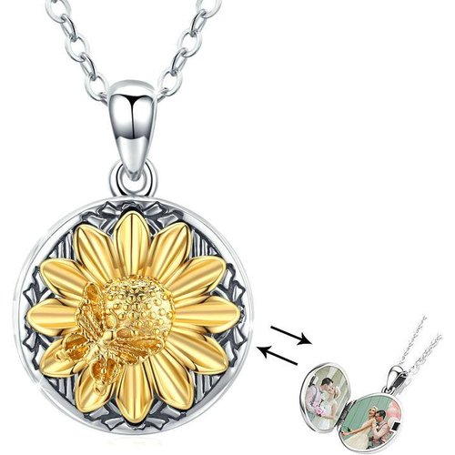 Sterling Silver Two-tone Cubic Zirconia Sunflower Personalized Photo Locket Necklace