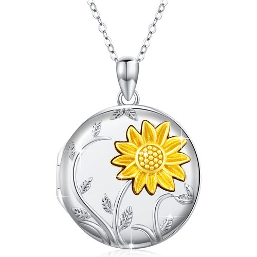 Sterling Silver Two-tone Sunflower Personalized Photo Locket Necklace