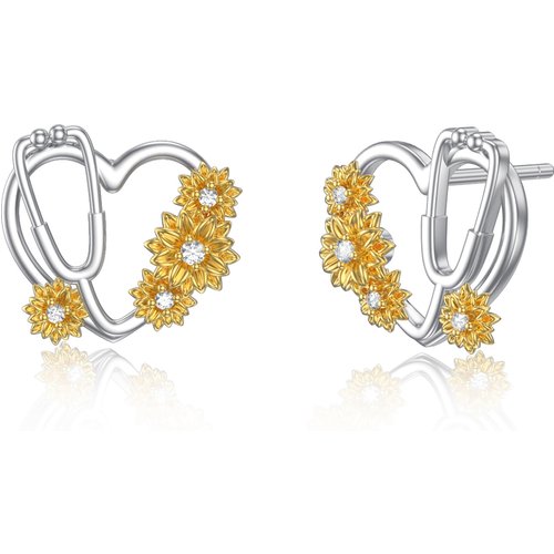 Sterling Silver Two-tone Cubic Zirconia Sunflower & Stethoscope Stud Earrings