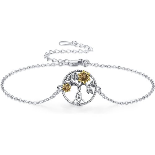 Sterling Silver Two-Tone Sunflower & Tree Of Life Charm Bracelet For Women