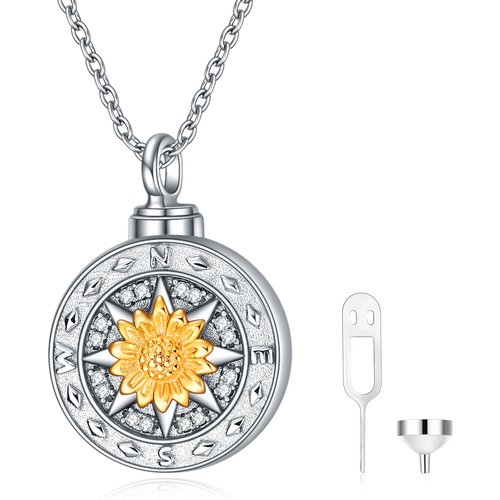 Sterling Silver Two-tone Cubic Zirconia Sunflower Urn Necklace for Ashes
