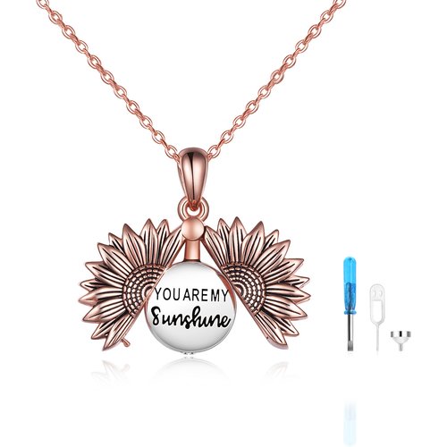 Sterling Silver Two-tone Sunflower Urn Necklace for Ashes with Engraved Word