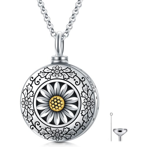 Sterling Silver Two-tone Sunflower Urn Necklace for Ashes with Rolo Chain