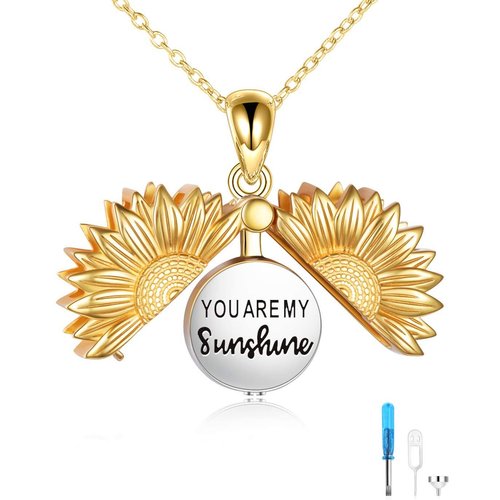 Sterling Silver Two-tone Sunflower You Are My Sunshine Cremation Urn Necklace for Ashes