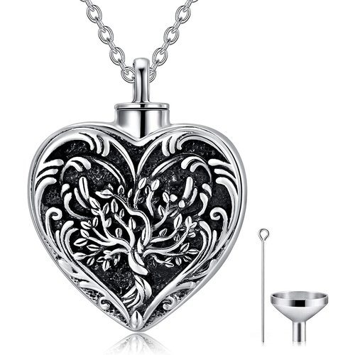 Sterling Silver Two-tone Tree Of Life & Heart Urn Necklace for Ashes with Engraved Word