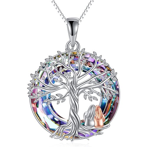 Sterling Silver Two-tone Tree Of Life & Sisters Crystal Pendant Necklace