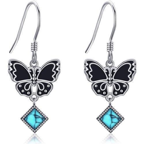 Sterling Silver Two-tone Turquoise Butterfly Drop Earrings