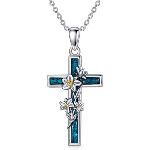 Sterling Silver Two-tone Turquoise Lily & Cross Pendant Necklace