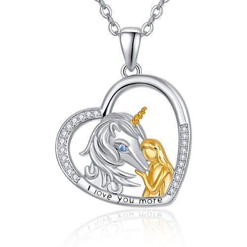 Sterling Silver Two-tone Cubic Zirconia Unicorn Pendant Necklace with Engraved Word