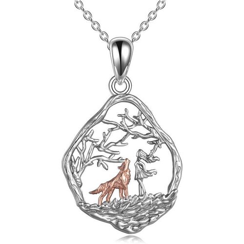 Sterling Silver Two-tone Wolf & Girl Pendant Necklace