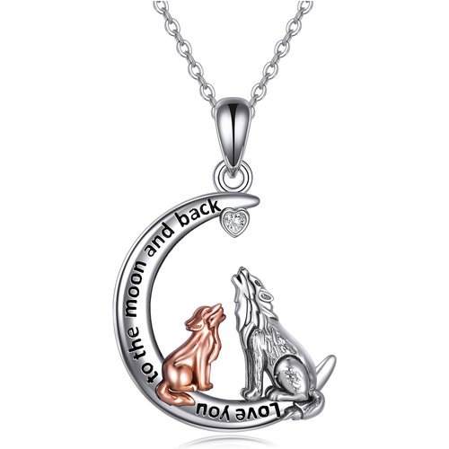 Sterling Silver Two-tone Cubic Zirconia Wolf & Moon Pendant Necklace