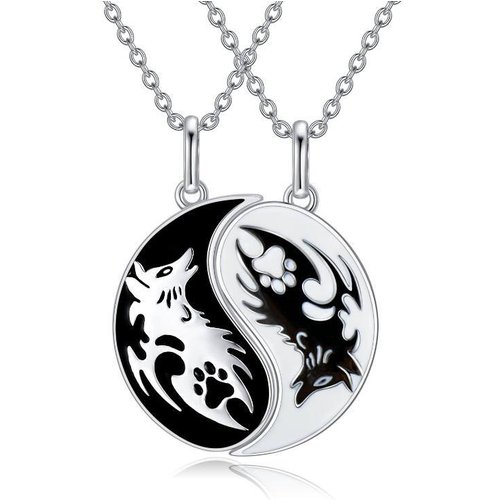 Sterling Silver Two-tone Wolf & Paw Yin Yang Pendant Couple Necklaces