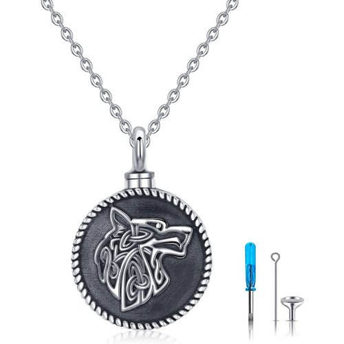 Sterling Silver Two-tone Wolf Urn Necklace for Ashes