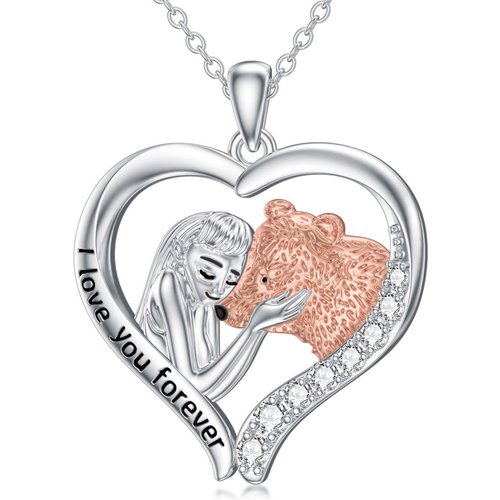 Sterling Silver Two-tone Zircon Bear Pendant Necklace with Engraved Word