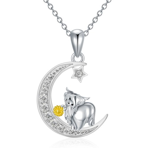 Sterling Silver Two-tone Zircon Highland Cow Pendant Necklace
