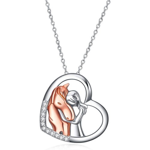 Sterling Silver Two-tone Zircon Horse & Heart Pendant Necklace