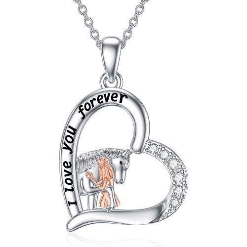Sterling Silver Two-tone Zircon Horse & Heart Pendant Necklace with Engraved Word