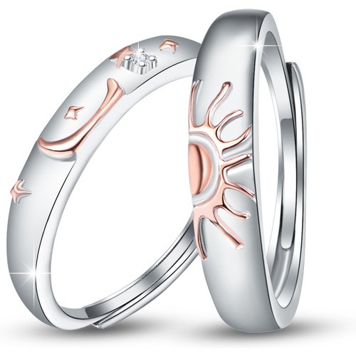 Sterling Silver Two-tone Zircon Moon & Sun Couple Rings