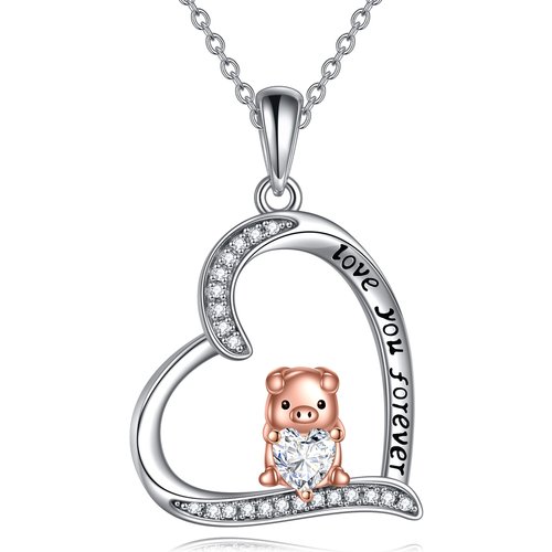 Sterling Silver Two-tone Pig & Heart Engraved Necklace for Women