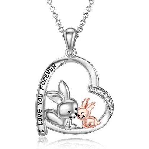 Sterling Silver Two-Tone Round Zircon Rabbit & Parents & Children Heart Pendant Necklace With Engraved Word For Woem Sister
